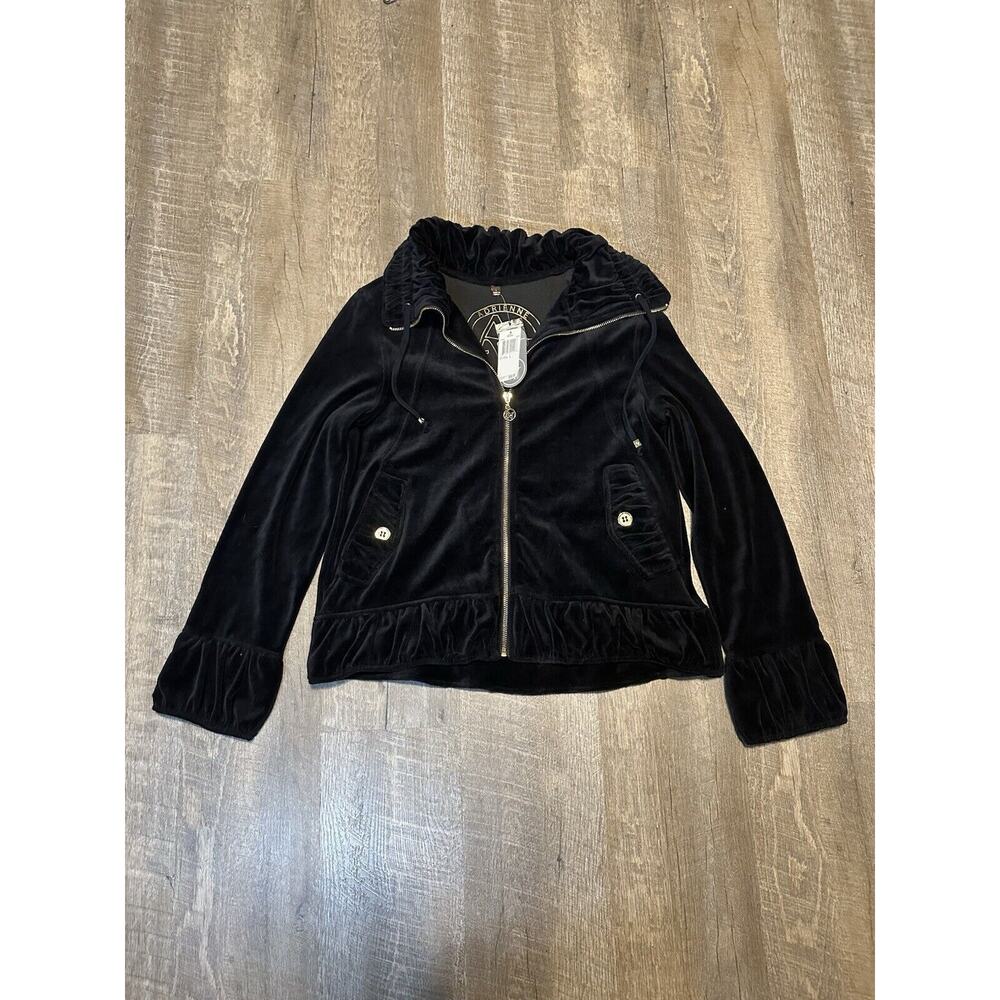 Adrienne Vittadini Black Velvet Velour Zip Up‎ Track Jacket L Large